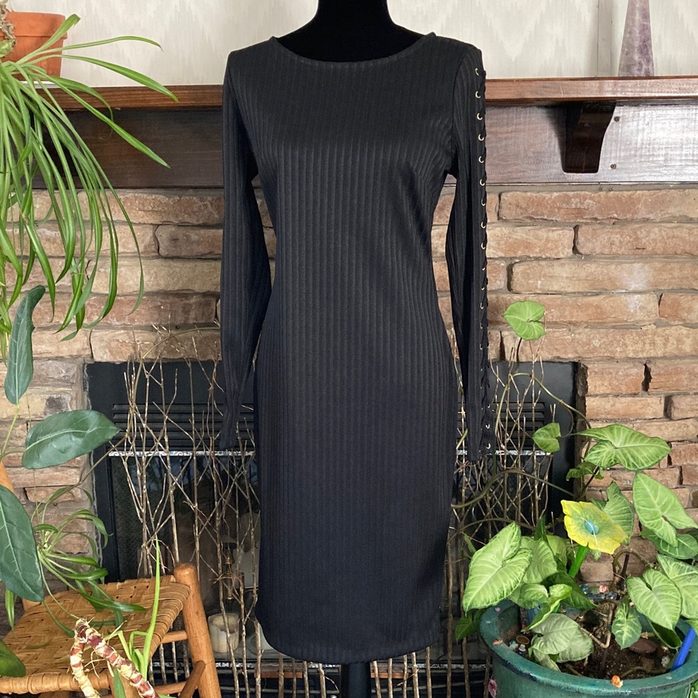 Jennifer Lopez Black Long Sleeve Dress with Gold Lacing Detail